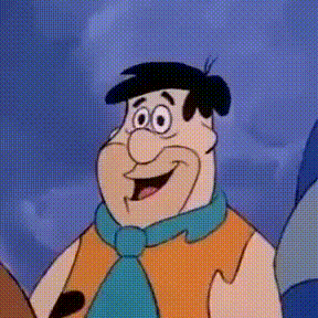 A Cartoon Character From The Flintstones Is Smiling And Wearing A Blue Scarf . GIF