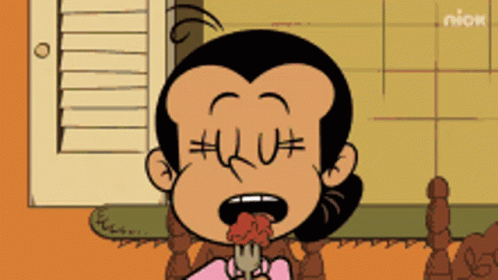 A Cartoon Character From The Loud House Is Eating A Piece Of Meat GIF