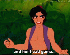 A Cartoon Character From The Movie Aladdin Says " And Her Head Game " GIF