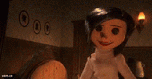A Cartoon Character From The Movie Coraline Is Standing In A Room With A Clock . GIF