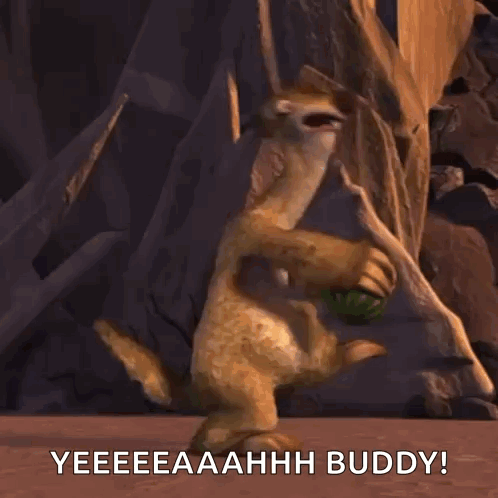 A Cartoon Character From The Movie Ice Age Is Dancing And Holding A Green Object In His Hand . GIF