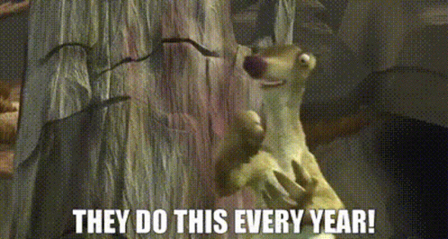 A Cartoon Character From The Movie Ice Age Is Holding Another Cartoon Character And Says They Do This Every Year . GIF