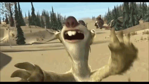 A Cartoon Character From The Movie Ice Age Is Waving His Hands In The Air . GIF