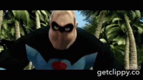 A Cartoon Character From The Movie Mr. Incredible Is Standing In Front Of Palm Trees .. GIF