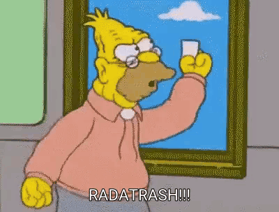 A Cartoon Character From The Simpsons Is Holding A Piece Of Paper In Front Of A Framed Picture And Saying " Radarrash " GIF