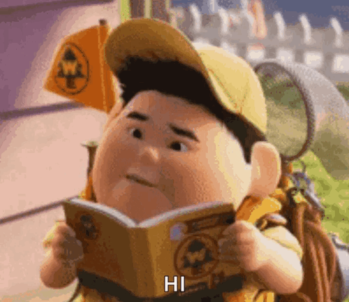 A Cartoon Character From Up Is Reading A Book And Saying Hi . GIF