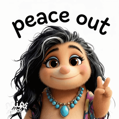 a cartoon character giving a peace sign with the words peace out below her
