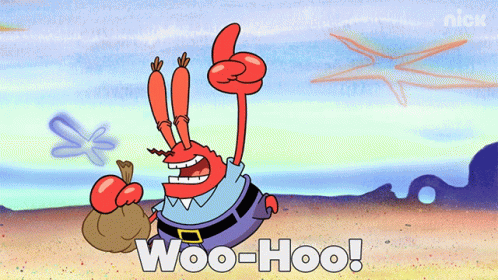 a cartoon character giving a thumbs up and the words woo-hoo on the bottom