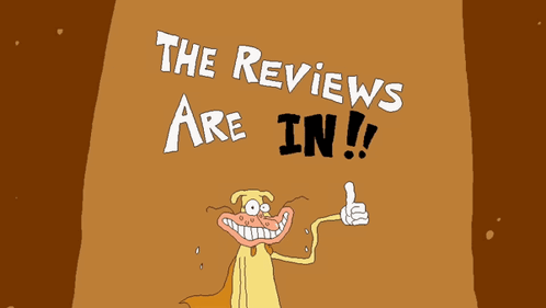 A Cartoon Character Giving A Thumbs Up With The Words " The Reviews Are In " GIF