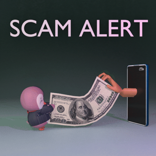 A Cartoon Character Holding A 100 Dollar Bill With The Words Scam Alert Below It GIF