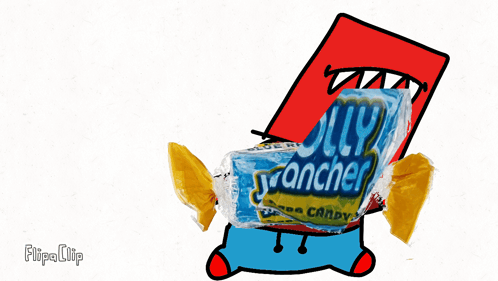 A Cartoon Character Holding A Bag Of Jolly Rancher Candy GIF