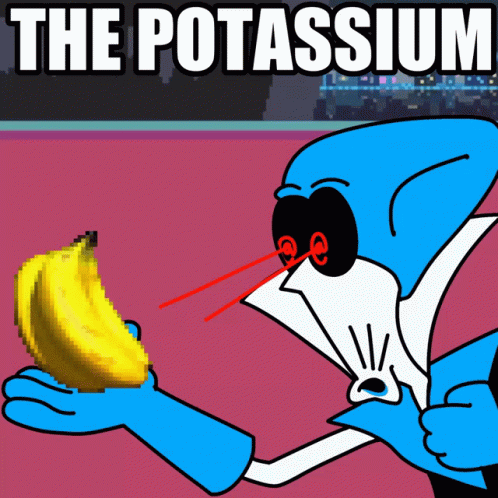 A Cartoon Character Holding A Banana With The Words " The Potassium " Written Above Him GIF
