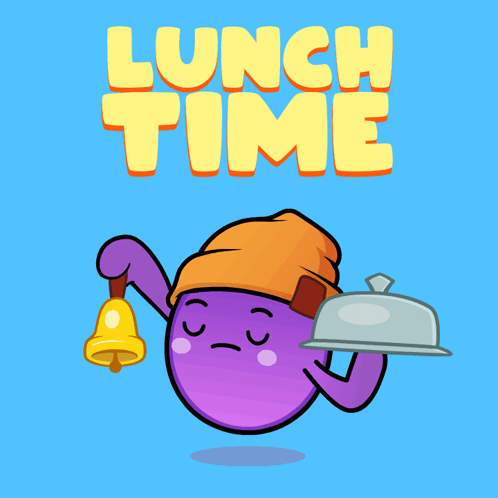 A Cartoon Character Holding A Bell And A Tray With The Words Lunch Time Below It GIF