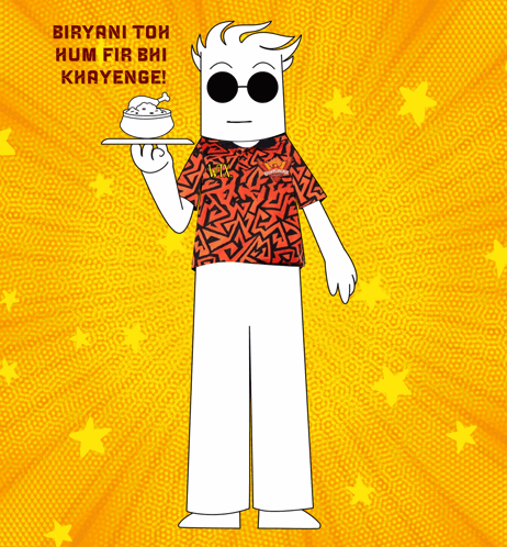 A Cartoon Character Holding A Bowl Of Food With The Words Biryani Toh Hum Fir Bhi Khayenge GIF
