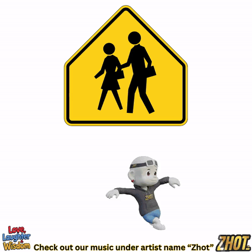 A Cartoon Character Holding A Box Of Pizza Next To A Sign That Says School Crossing GIF
