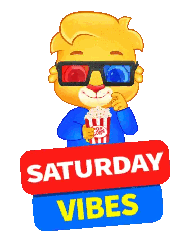 a cartoon character holding a box of popcorn with the words saturday vibes