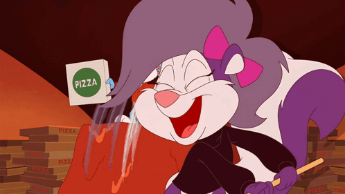 A Cartoon Character Holding A Box That Says Pizza On It GIF