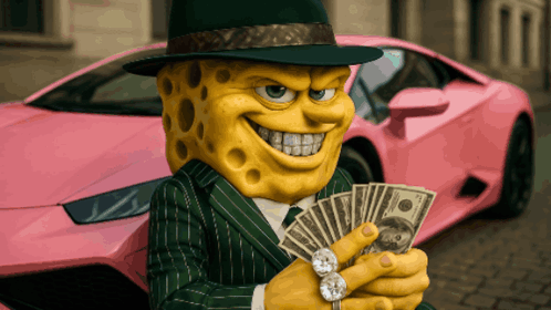 A Cartoon Character Holding A Bunch Of Money With A Pink Car In The Background GIF