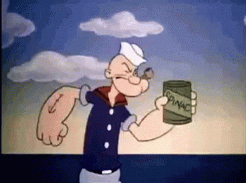 A Cartoon Character Holding A Can Of Spinach GIF