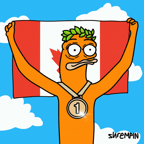 A Cartoon Character Holding A Canadian Flag And Wearing A Medal With The Number 2 GIF