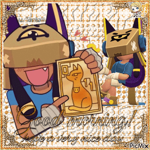 A Cartoon Character Holding A Card With A Cat On It And The Words Good Morning GIF
