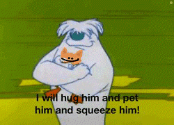 A Cartoon Character Holding A Cat With The Words " I Will Hug Him And Pet Him And Squeeze Him " Below Him GIF