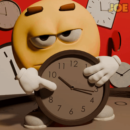A Cartoon Character Holding A Clock With The Word Joe On The Bottom Left GIF
