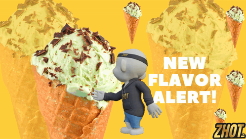 A Cartoon Character Holding A Cone Of Ice Cream With The Words " New Flavor Alert " Below It GIF