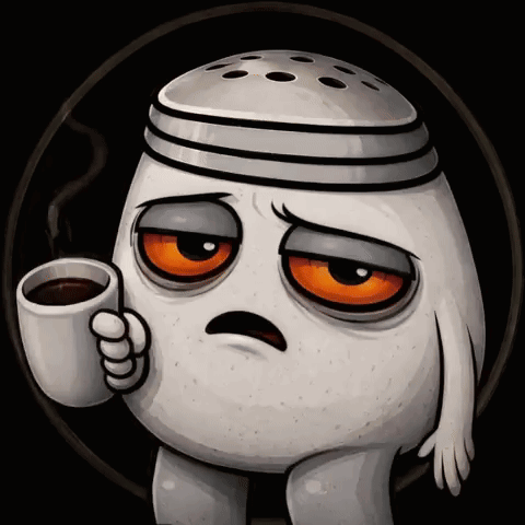 A Cartoon Character Holding A Cup Of Coffee With A Sad Face GIF