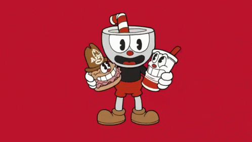 A Cartoon Character Holding A Drink And A Hamburger GIF