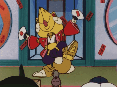 A Cartoon Character Holding A Fan With Chinese Characters On It GIF
