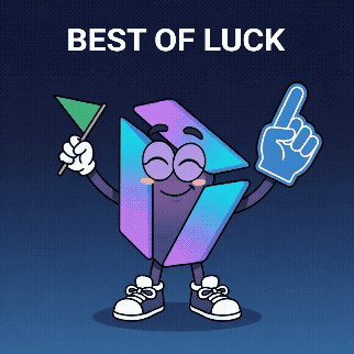 A Cartoon Character Holding A Flag And A Foam Finger With The Words " Best Of Luck " Behind Him GIF