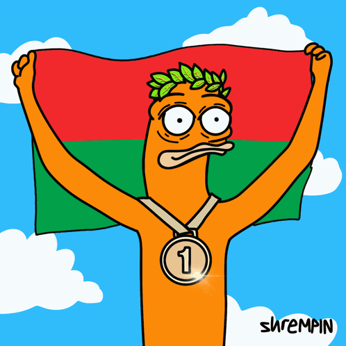 A Cartoon Character Holding A Flag And A Medal With The Number 1 GIF