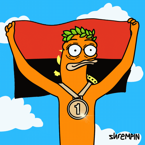 A Cartoon Character Holding A Flag And A Medal With The Number 3 GIF