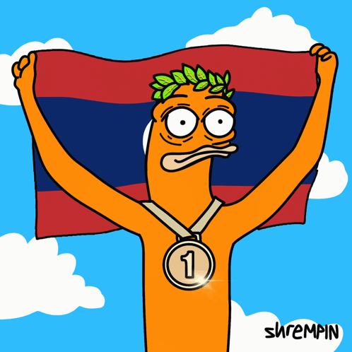 A Cartoon Character Holding A Flag And A Medal With The Number One On It GIF