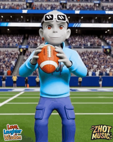 A Cartoon Character Holding A Football With The Words Love Laughter Wisdom On The Bottom Right GIF