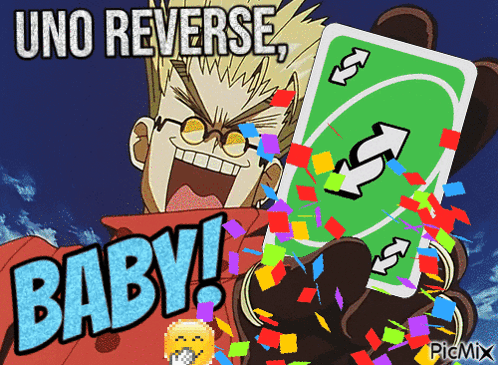 A Cartoon Character Holding A Green Uno Card With The Words Uno Reverse Baby Behind Him GIF