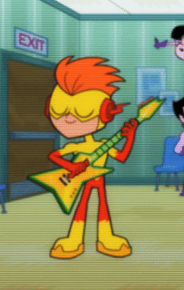A Cartoon Character Holding A Guitar In Front Of A Sign That Says Exit GIF