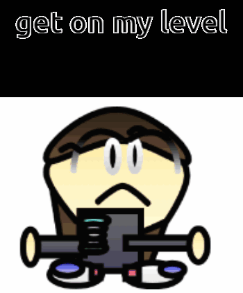 A Cartoon Character Holding A Gun With The Words Get On My Level Written On The Bottom GIF