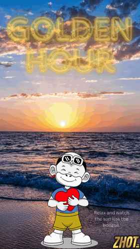 A Cartoon Character Holding A Heart In Front Of The Ocean With The Words Golden Hour Behind Him GIF