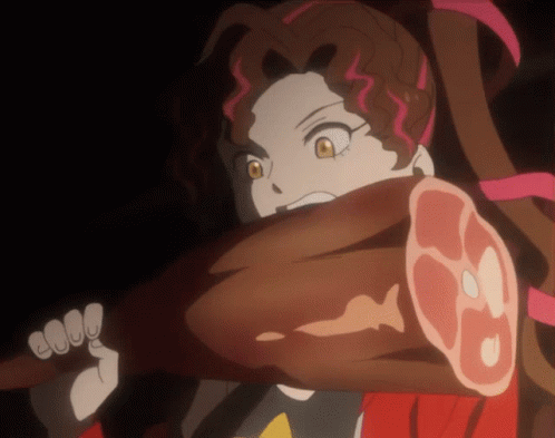 A Cartoon Character Holding A Large Piece Of Meat In Her Hand GIF