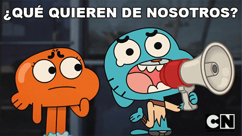 a cartoon character holding a megaphone with the words " que quieren de nosotros " above him