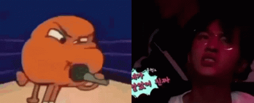 A Cartoon Character Holding A Microphone Next To A Picture Of A Man With Red Eyes . GIF