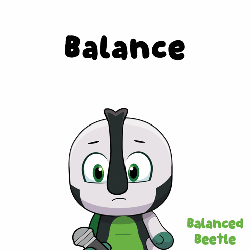 A Cartoon Character Holding A Microphone With The Words Balance Balanced Beetle Below It GIF
