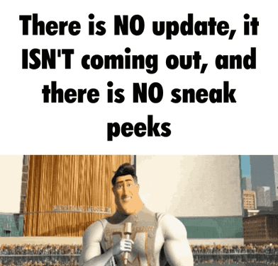 a cartoon character holding a microphone with the words " there is no update "