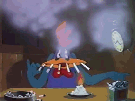 A Cartoon Character Holding A Plate Of Cigarettes With Smoke Coming Out Of His Mouth GIF