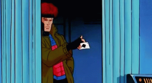 A Cartoon Character Holding A Playing Card In His Hand . GIF