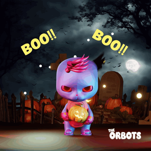 A Cartoon Character Holding A Pumpkin With The Words Boo Written Above Him GIF