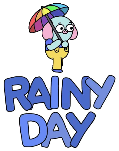 a cartoon character holding a rainbow colored umbrella and the words rainy day
