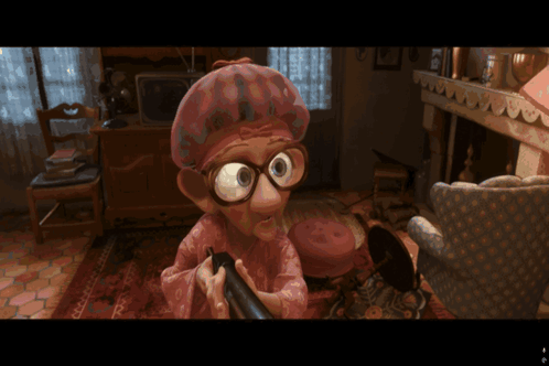 A Cartoon Character Holding A Remote Control In A Room GIF